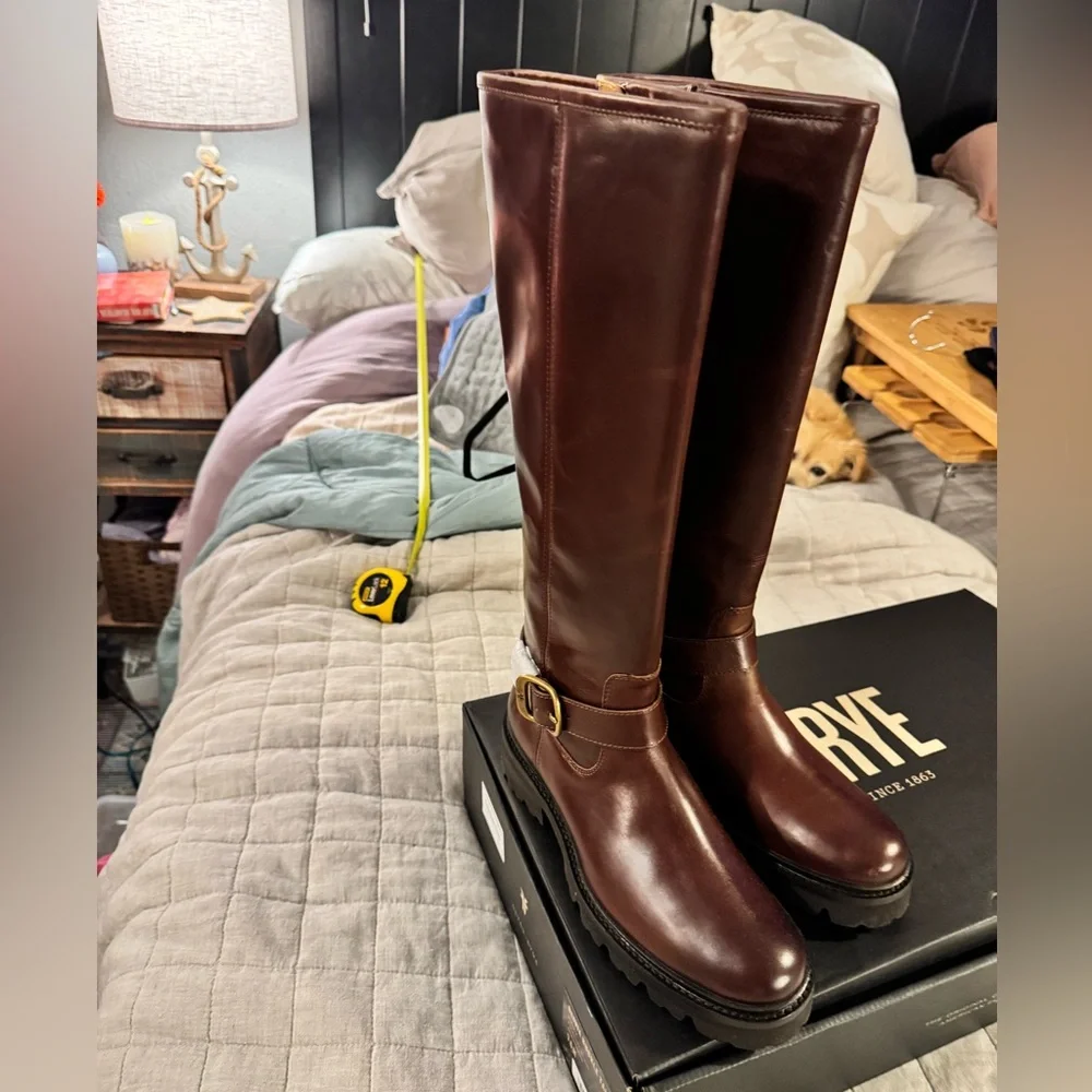 NWT in Box Frye Olivia Buckle Tall Boots - Bourbon (Deep Burgundy Brown)